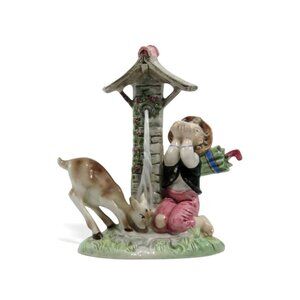 FONTANINI Italian Ceramic Child and Deer Fawn Well Figurine Italy Vintage 9"